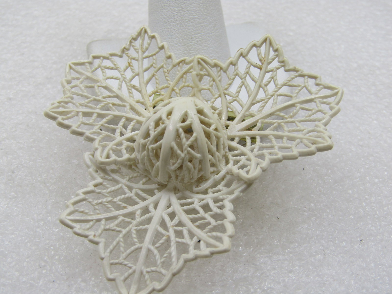 Vintage White Filigree Leaf Brooch, Domed Center, 2.5" - 5