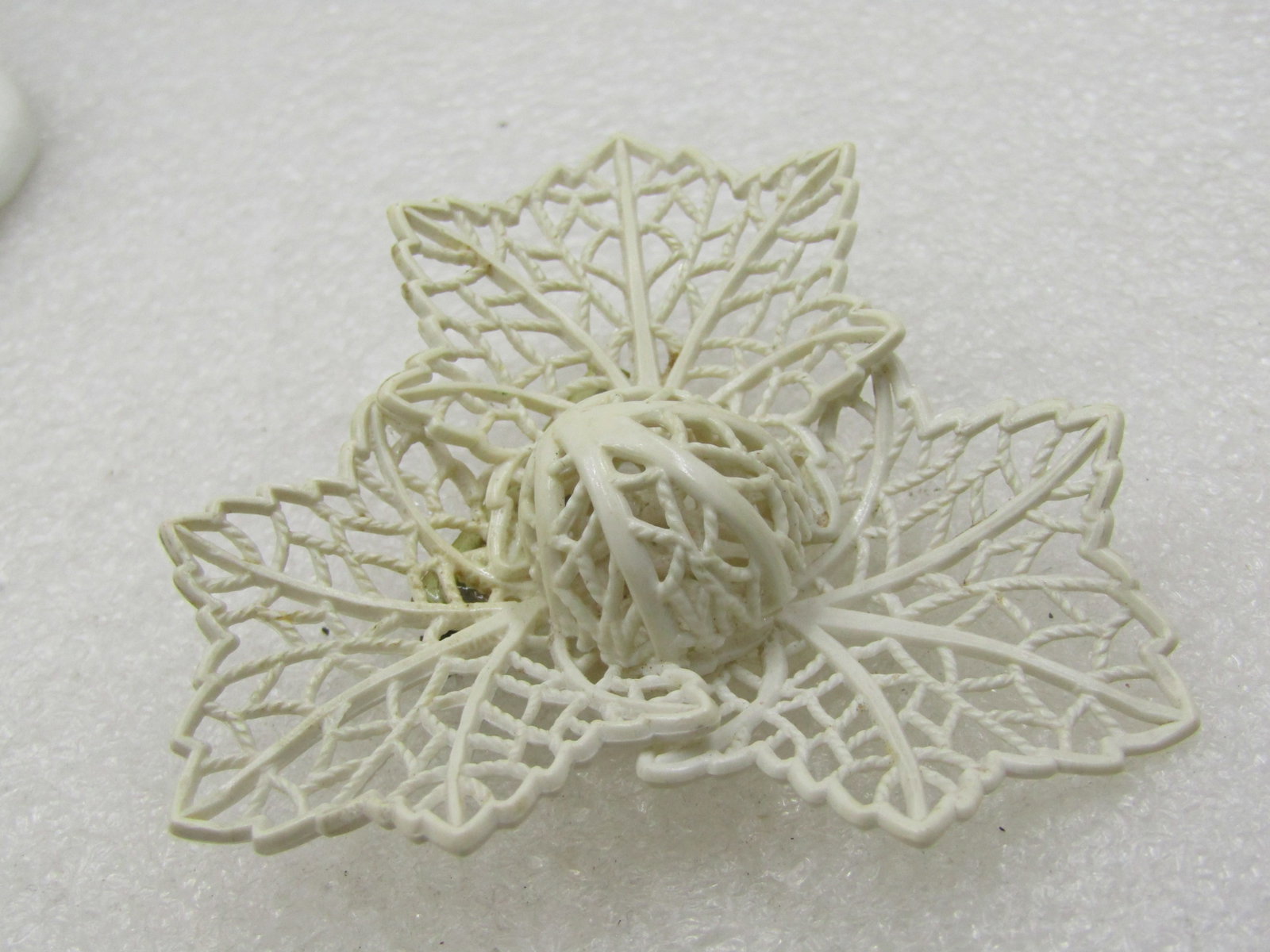 Vintage White Filigree Leaf Brooch, Domed Center, 2.5" - 6
