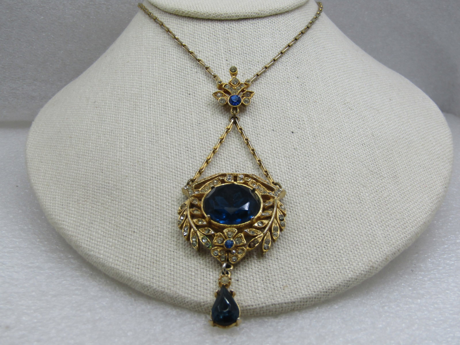 Vintage Clear & Blue Rhinestone Lavalier Necklace, Signed ART, 18" - 2