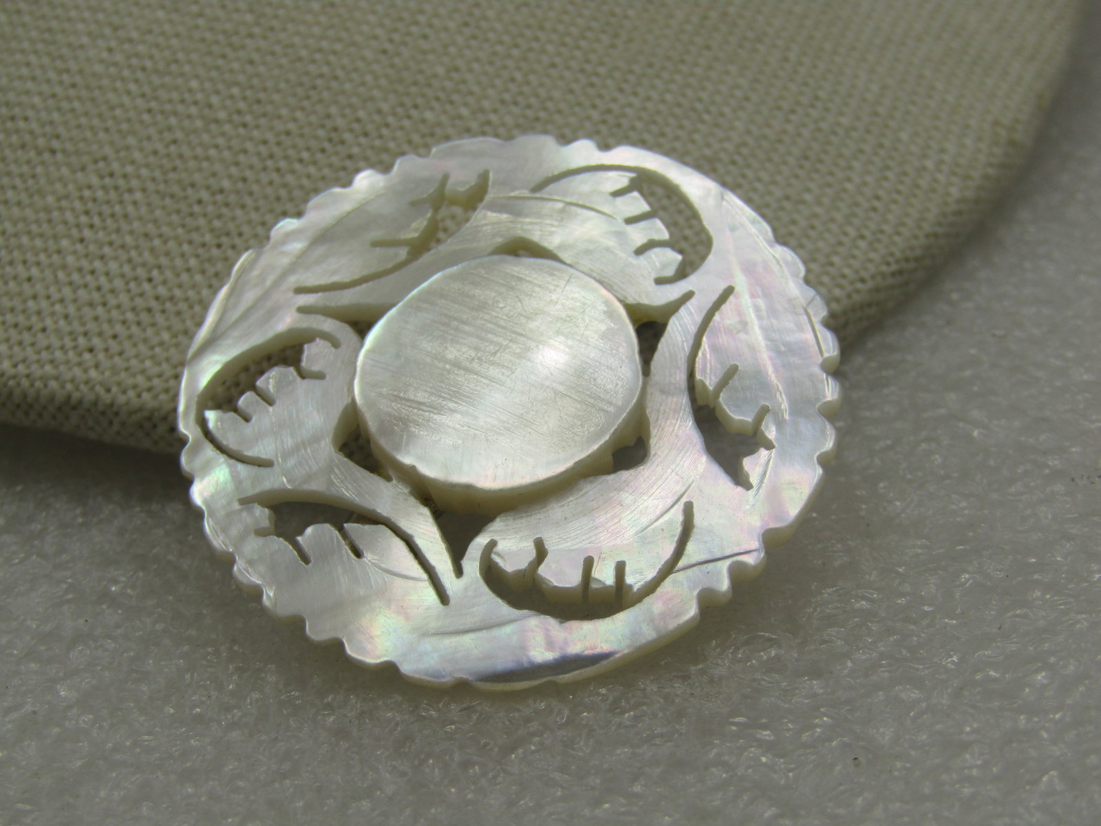 Vintage Carved Mother-of-Pearl Floral Brooch, Signed Bethlehem - 2