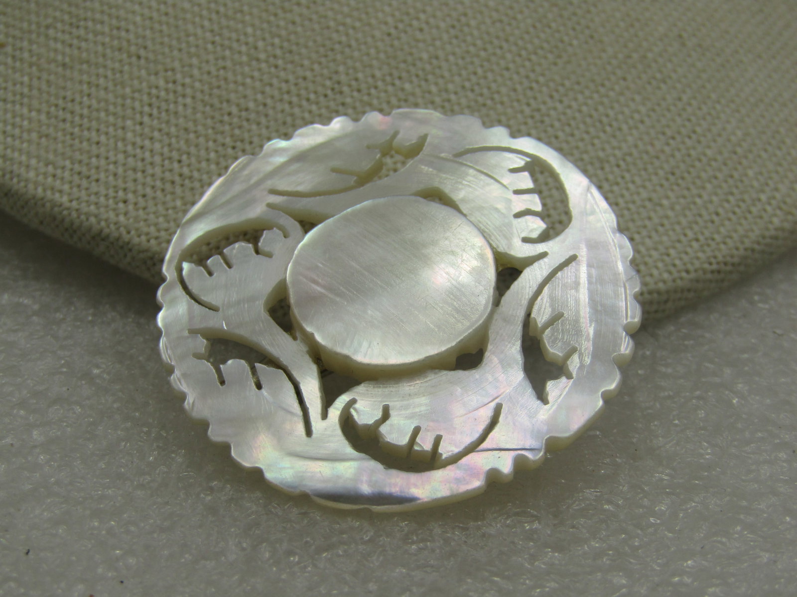 Vintage Carved Mother-of-Pearl Floral Brooch, Signed Bethlehem - 3