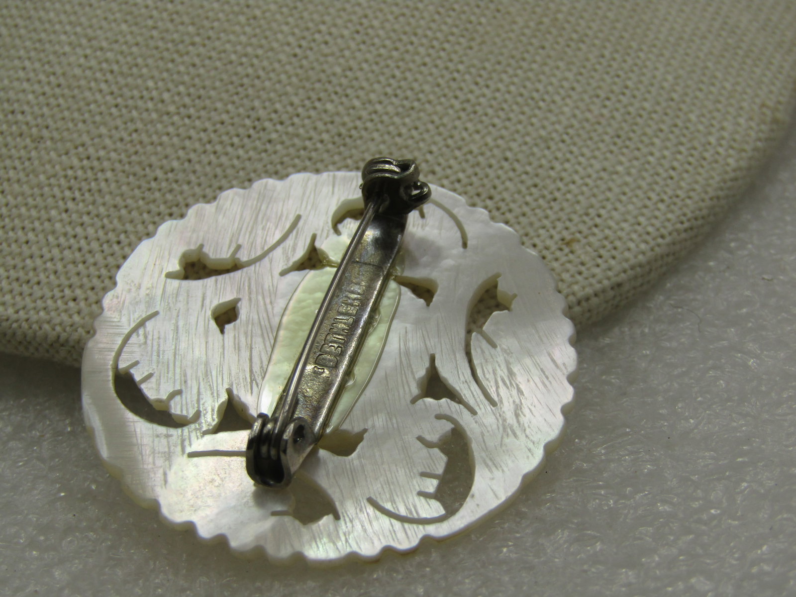Vintage Carved Mother-of-Pearl Floral Brooch, Signed Bethlehem - 4