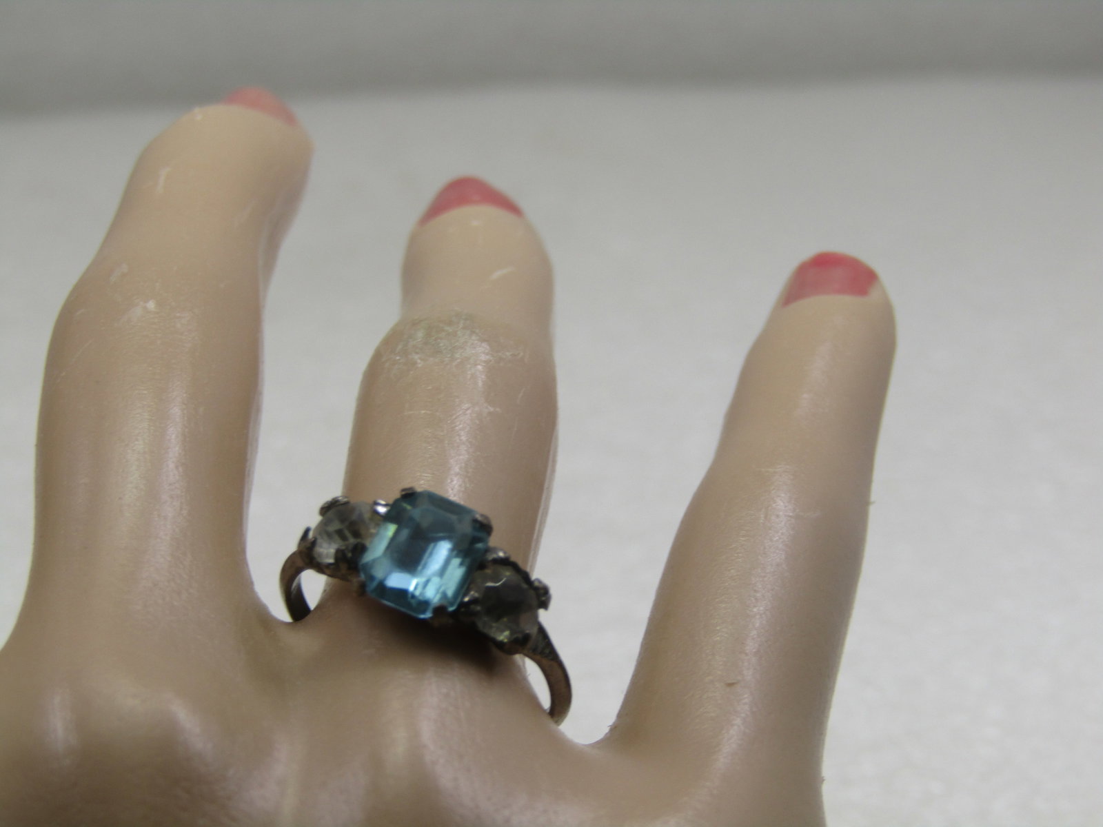 Vintage Sterling Aqua & Clear Rhinestone Ring, Sz. 8, 1940's, Signed - 6