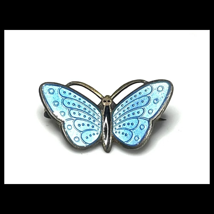 Vintage Sterling SIlver Enamel Blue Butterfly Brooch Signed Norway - 2
