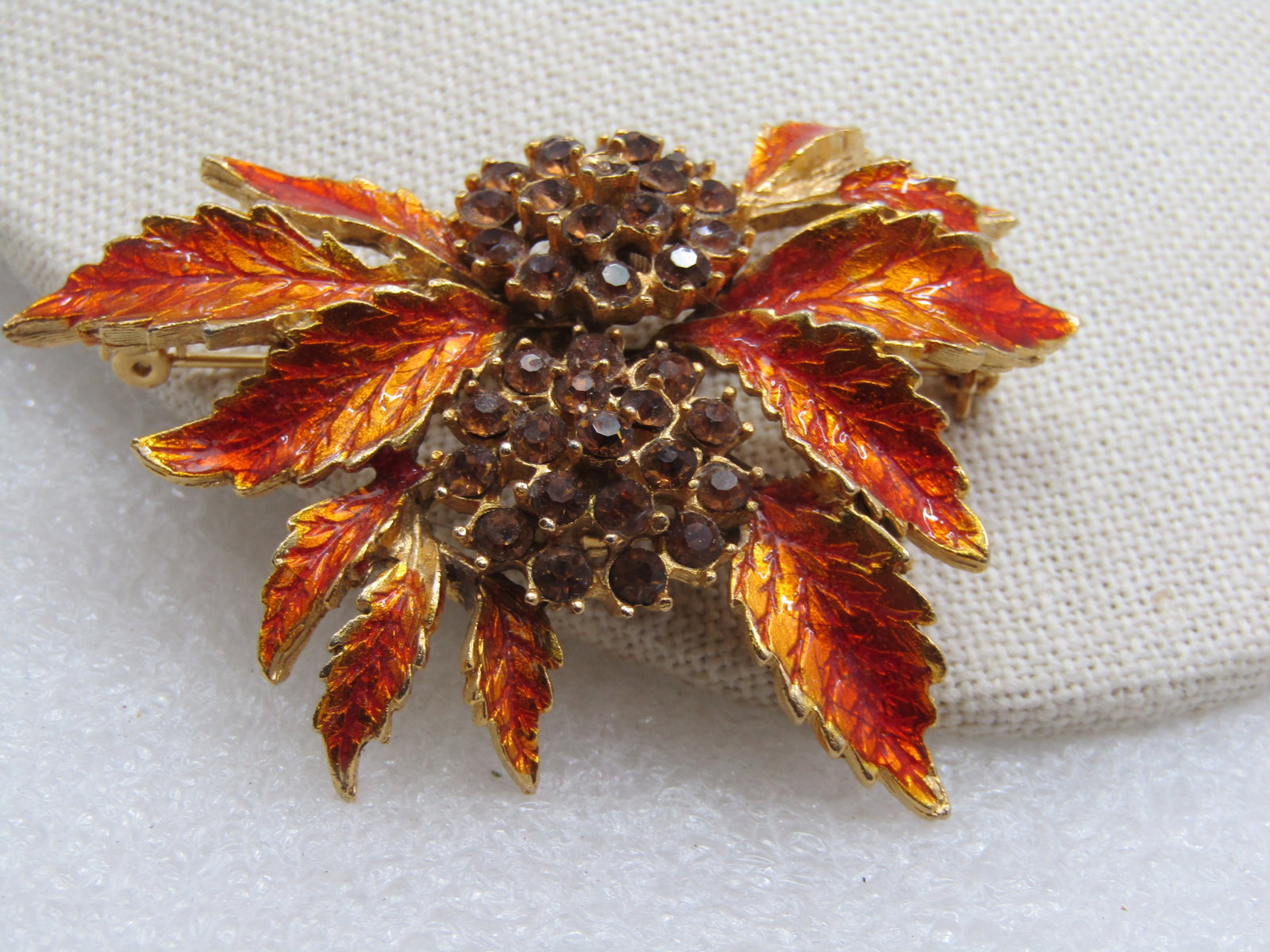 Vintage Burnt Orange Enameled Rhinestone Leaf Brooch, 1960's-1970s - 3