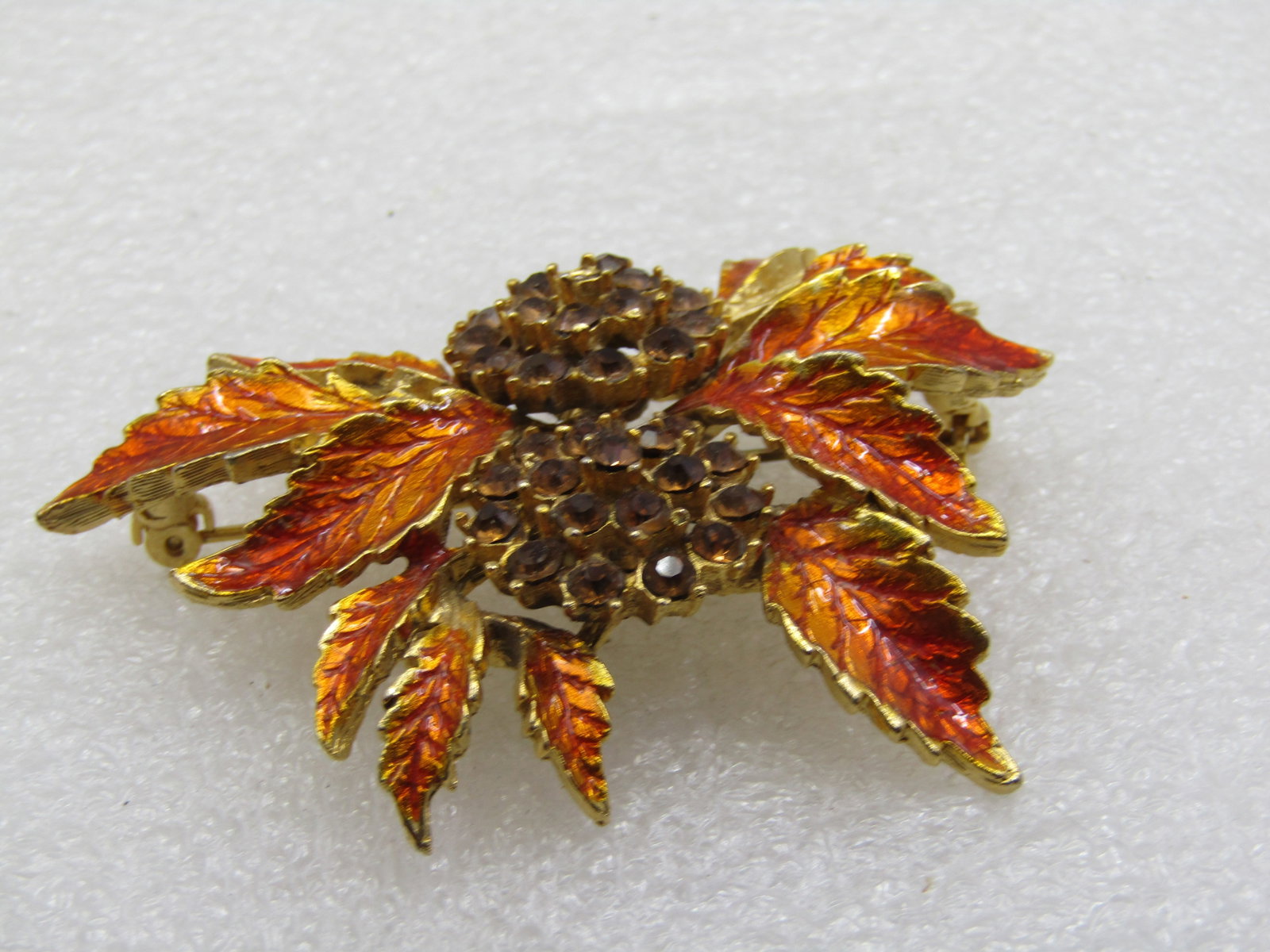Vintage Burnt Orange Enameled Rhinestone Leaf Brooch, 1960's-1970s - 5