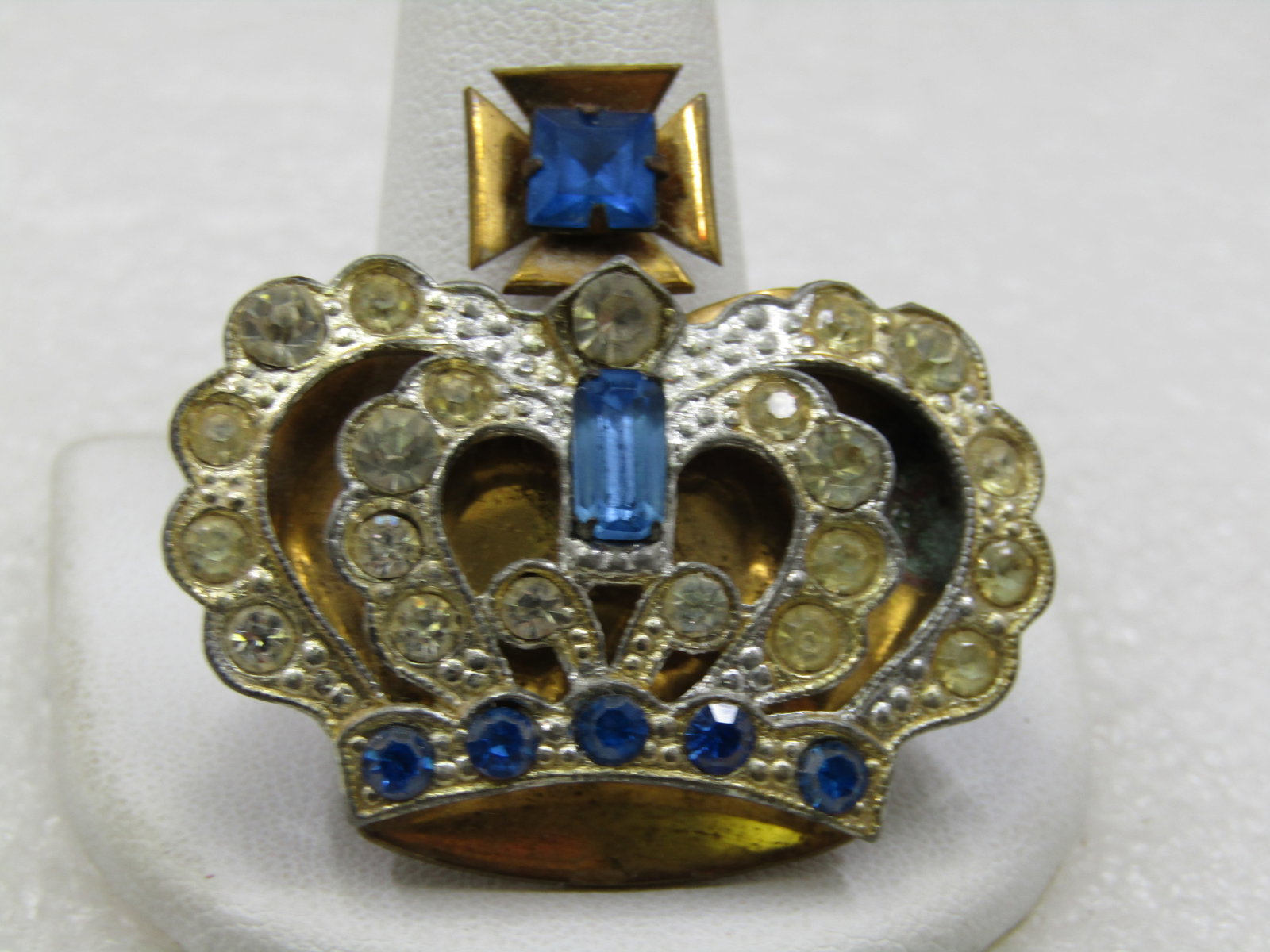 Vintage Blue & Clear Rhinestone Crown Brooch, Maltese Cross, 1.75" tall and wide. - 2