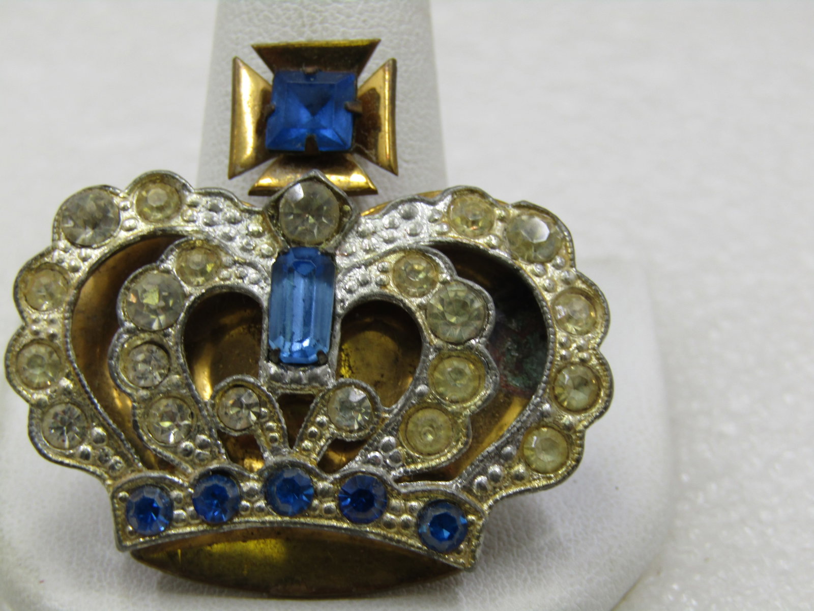 Vintage Blue & Clear Rhinestone Crown Brooch, Maltese Cross, 1.75" tall and wide. - 3