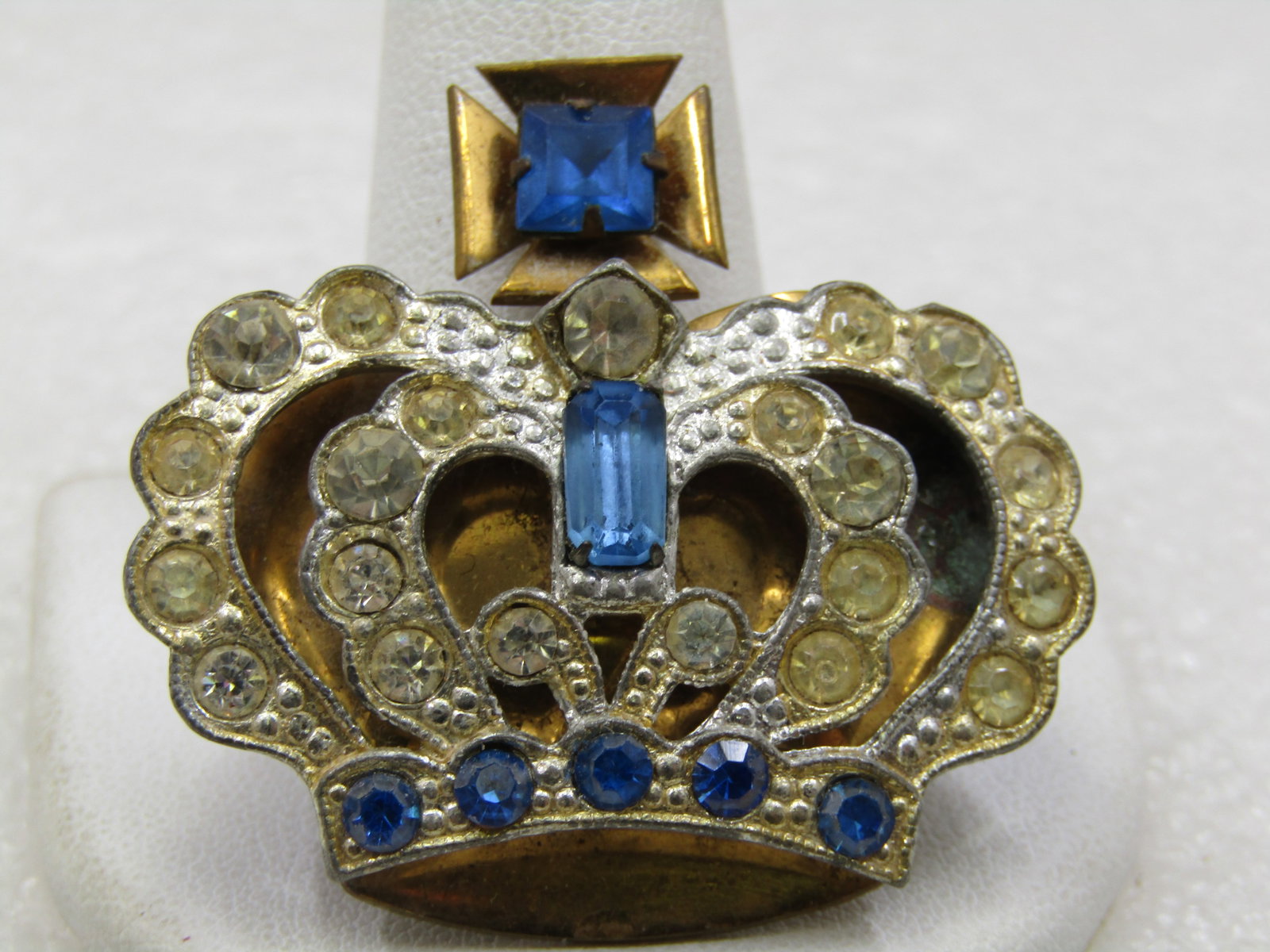 Vintage Blue & Clear Rhinestone Crown Brooch, Maltese Cross, 1.75" tall and wide. - 4