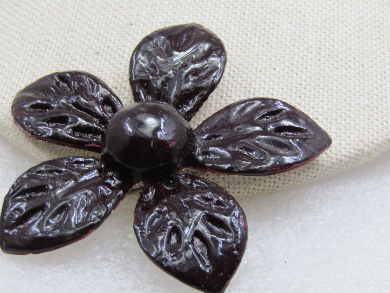 Vintage Brown Enameled Blossom Brooch Over Metal, 2.5", Mid-Century - 3