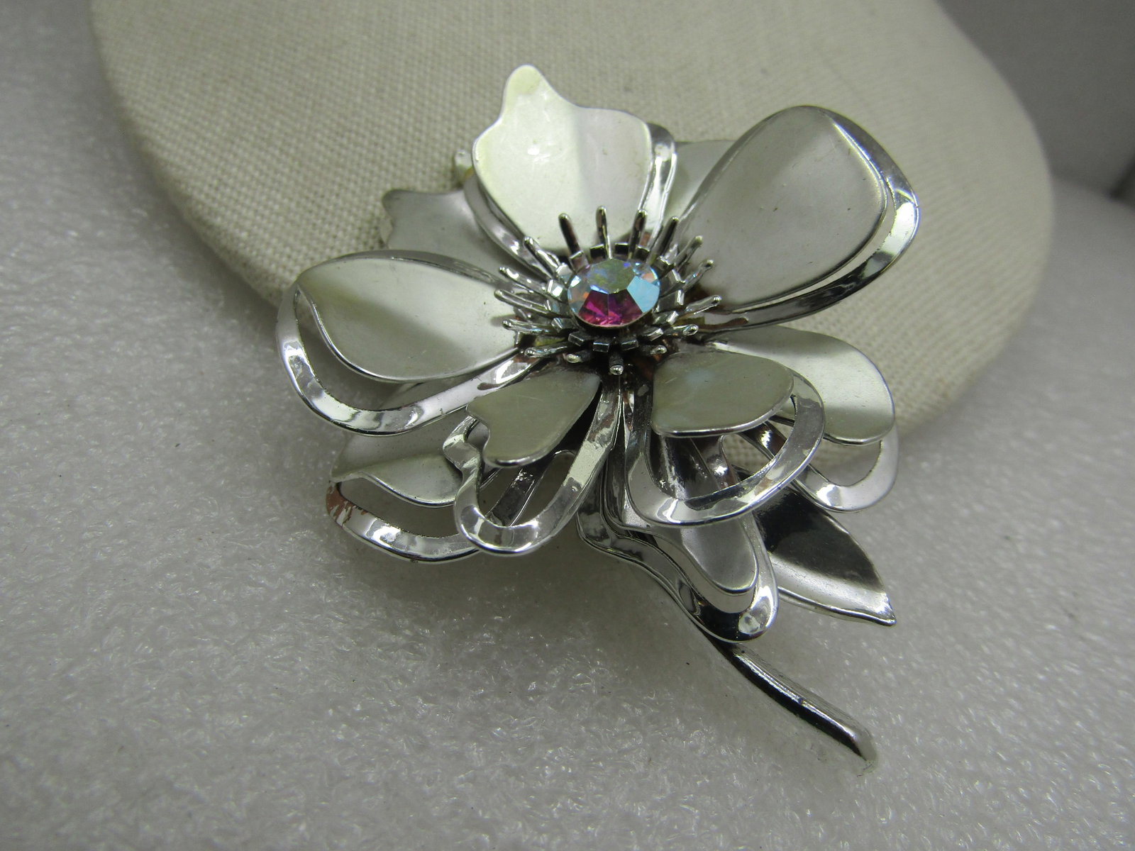 Vintage Silver Tone Floral Brooch, Aurora Borealis Rhinestone, 1960's - 2