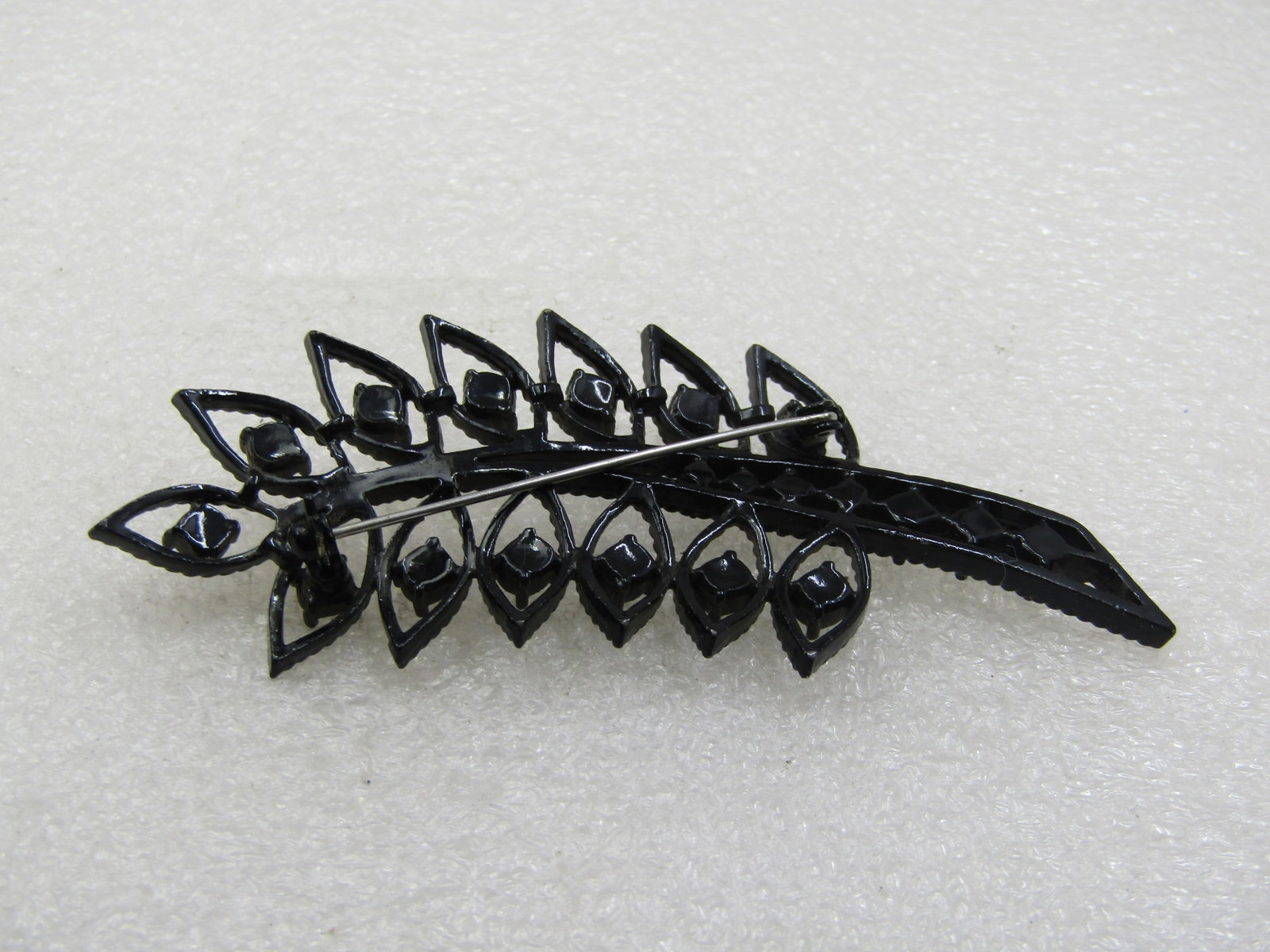 Vintage Black Metal & Rhinestone Leaf Brooch, 3.5" tall - 5