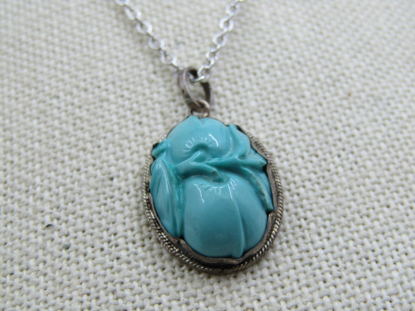 Vintage Silver Turquoise Glass Necklace with 15" Chain - 2