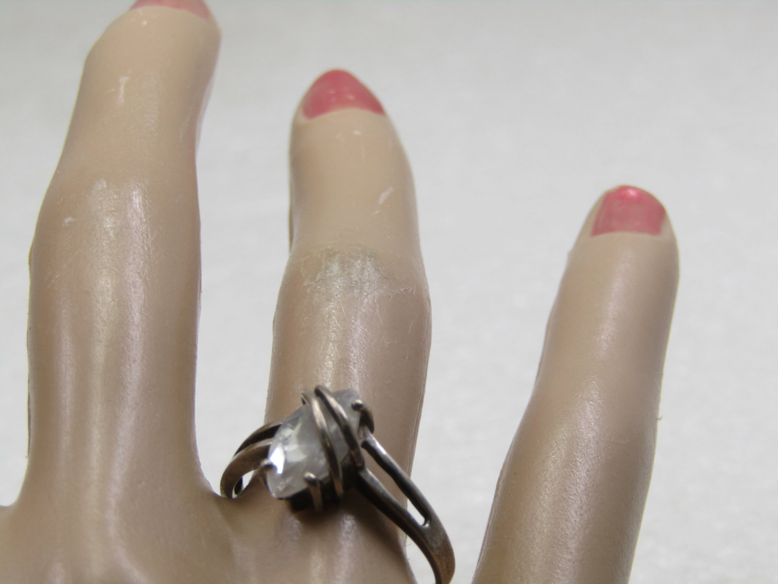Vintage Sterling Clear Marquise Stone Ring, Sz. 8.5, Signed CA, 1960's-1970's - 6