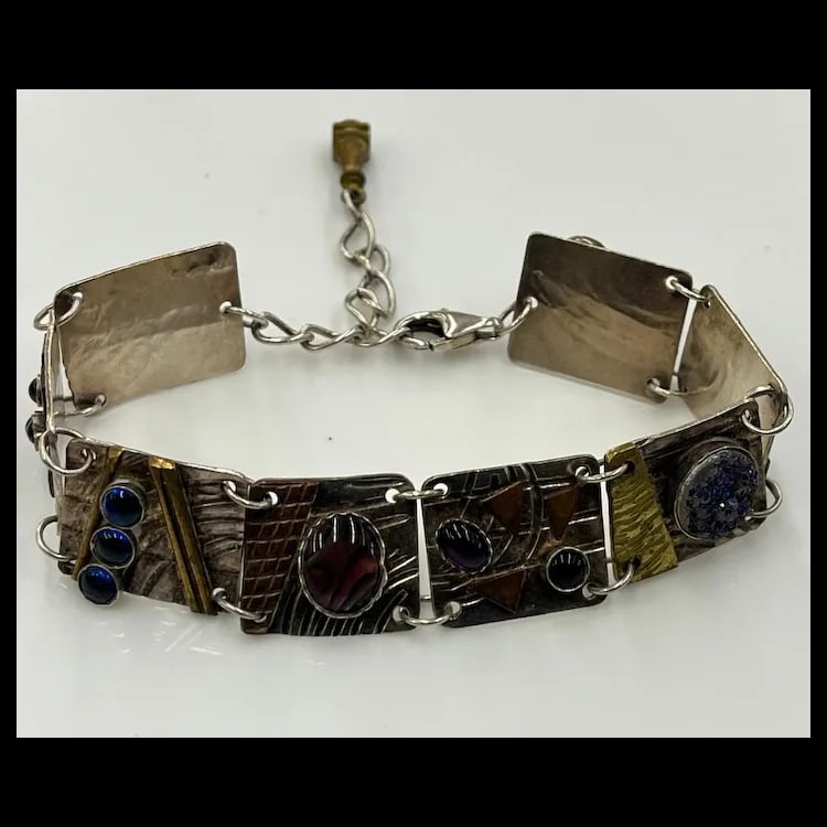 Estate Artisan Handmade Sterling Silver and Cabochon Multi Disk Bracelet Sterling SilverHallmarked - 2