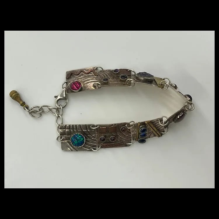 Estate Artisan Handmade Sterling Silver and Cabochon Multi Disk Bracelet Sterling SilverHallmarked - 3