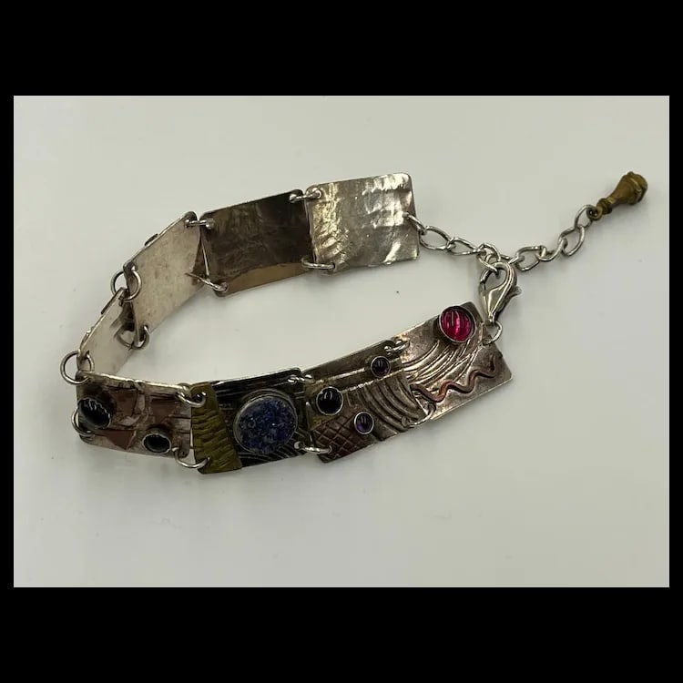 Estate Artisan Handmade Sterling Silver and Cabochon Multi Disk Bracelet Sterling SilverHallmarked - 4