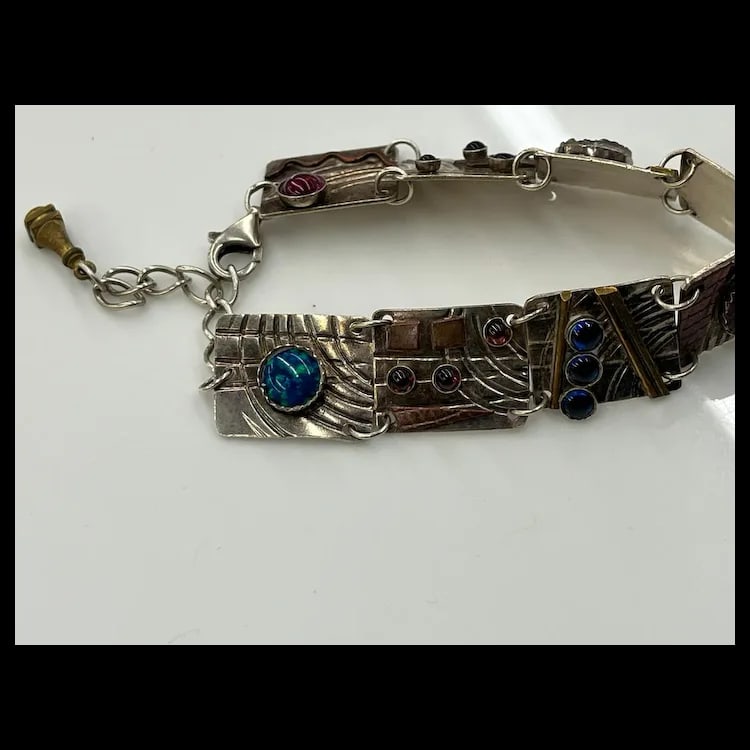 Estate Artisan Handmade Sterling Silver and Cabochon Multi Disk Bracelet Sterling SilverHallmarked - 5