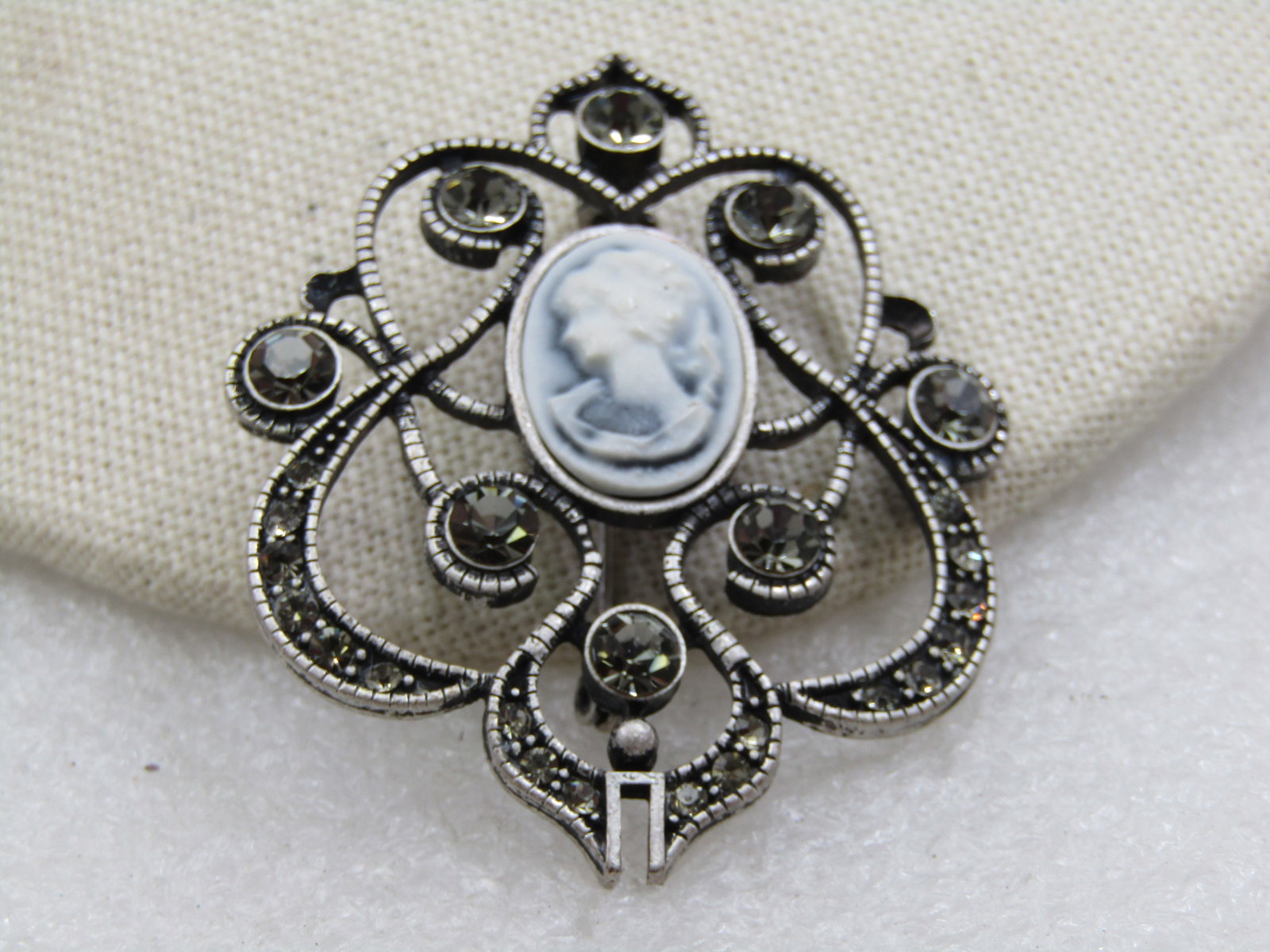 Vintage Rhinestone & Cameo Scrolled Brooch, 2.25" - 2