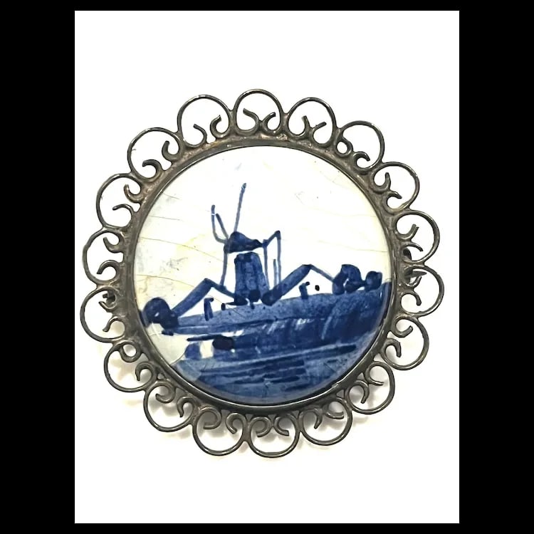 Vintage Delft Holland Windmill 835 Silver Hand Painted Booch - 2