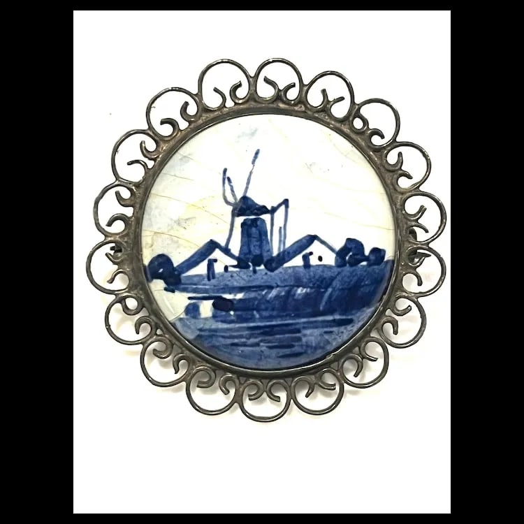 Vintage Delft Holland Windmill 835 Silver Hand Painted Booch - 3
