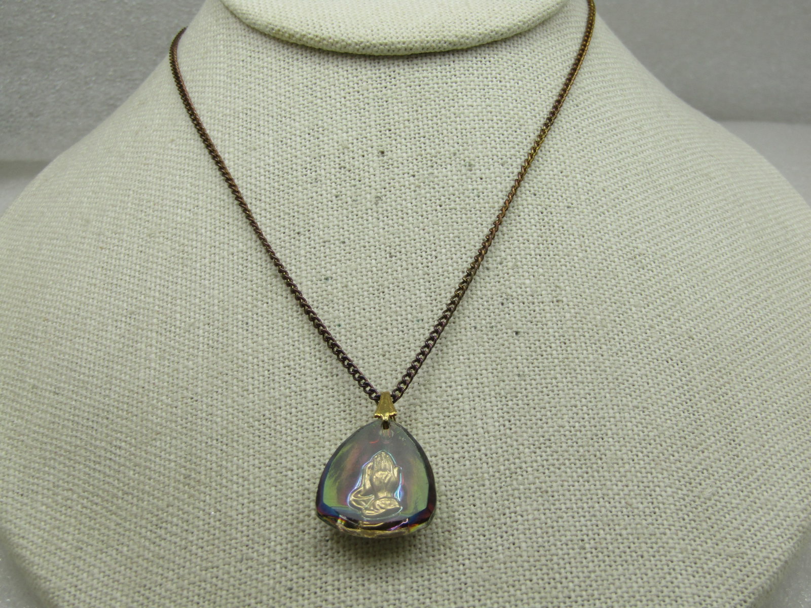 Vintage Reversed Carved Praying Hands Necklace 18", Peacock Aurora Borealis (1 of 6)