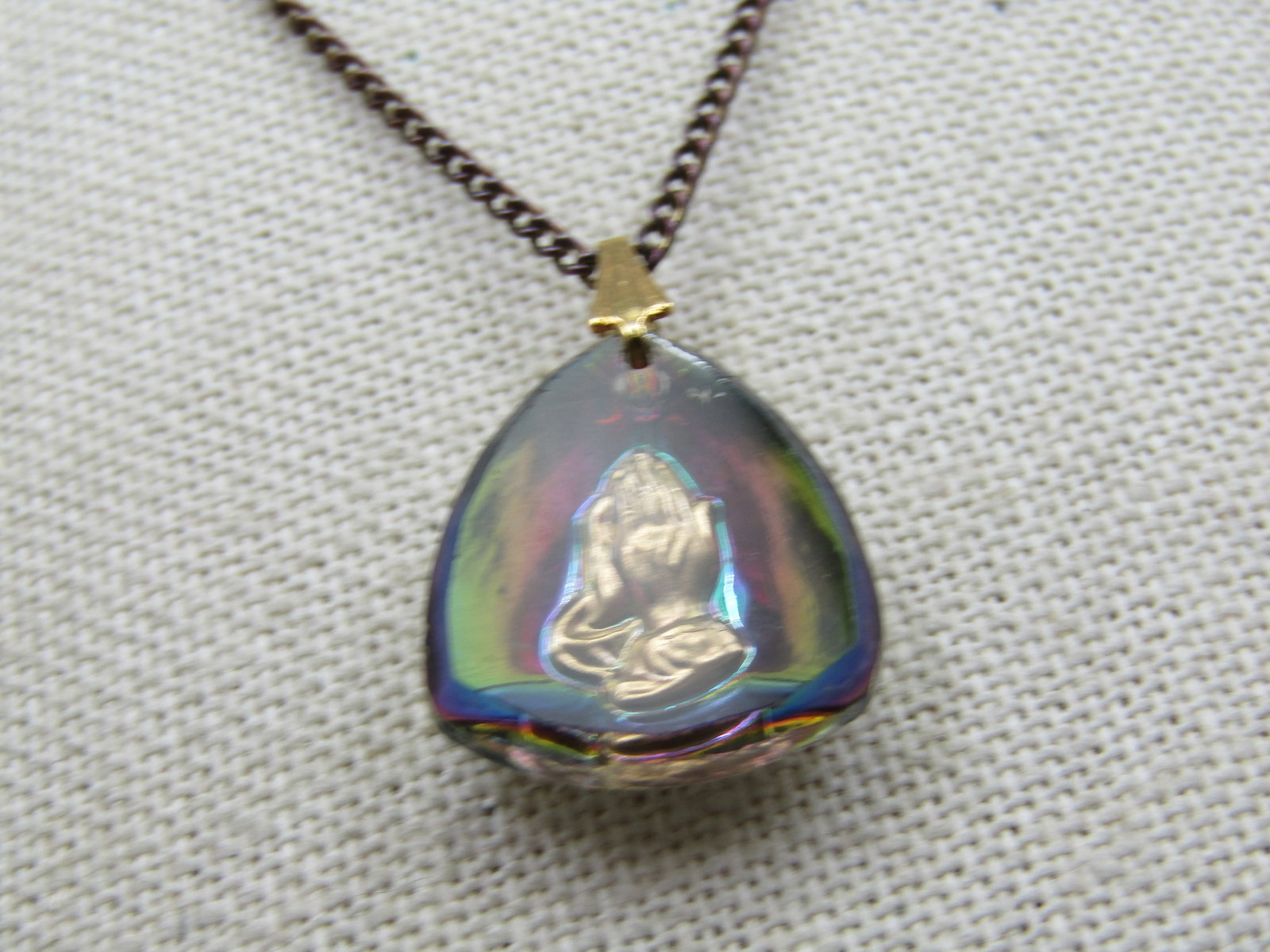Vintage Reversed Carved Praying Hands Necklace 18", Peacock Aurora Borealis - 2