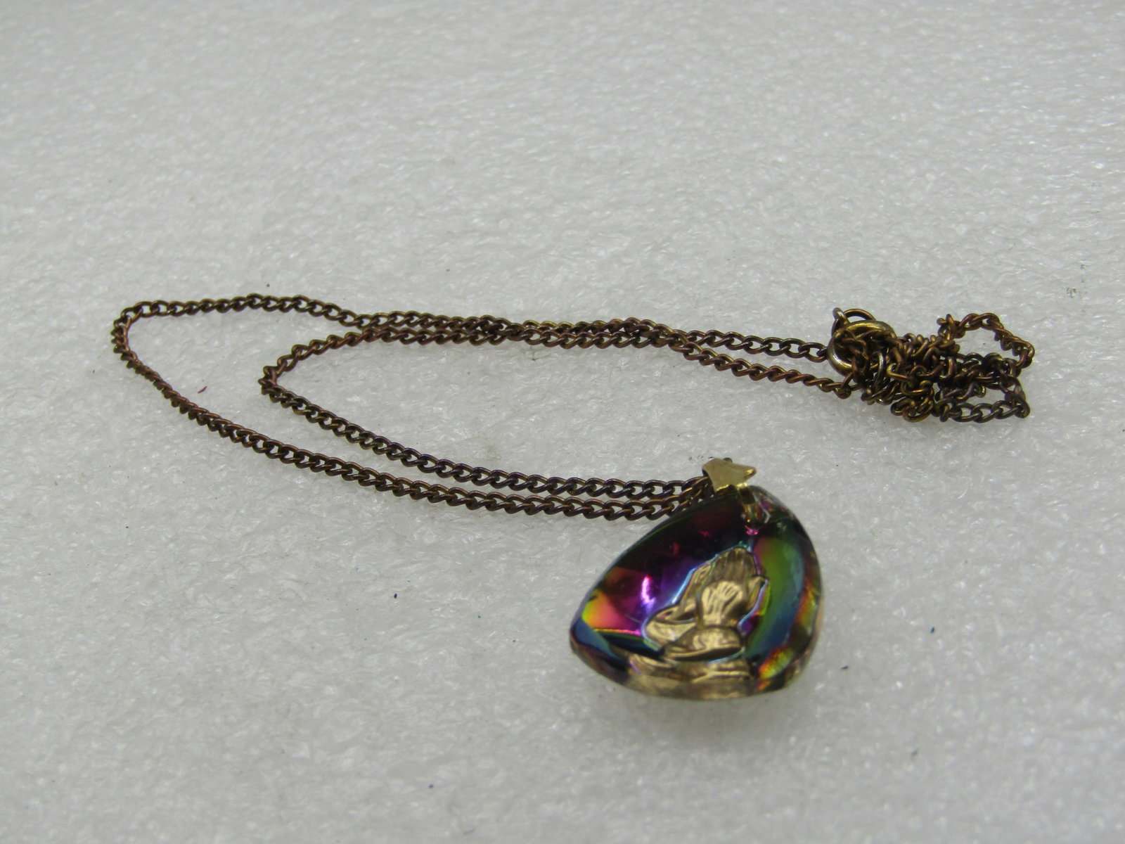 Vintage Reversed Carved Praying Hands Necklace 18", Peacock Aurora Borealis - 5