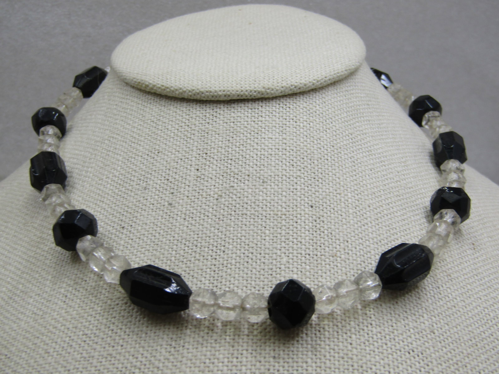 Vintage Clear & Black Glass Beaded Necklace, 15.5", 1940's - 2