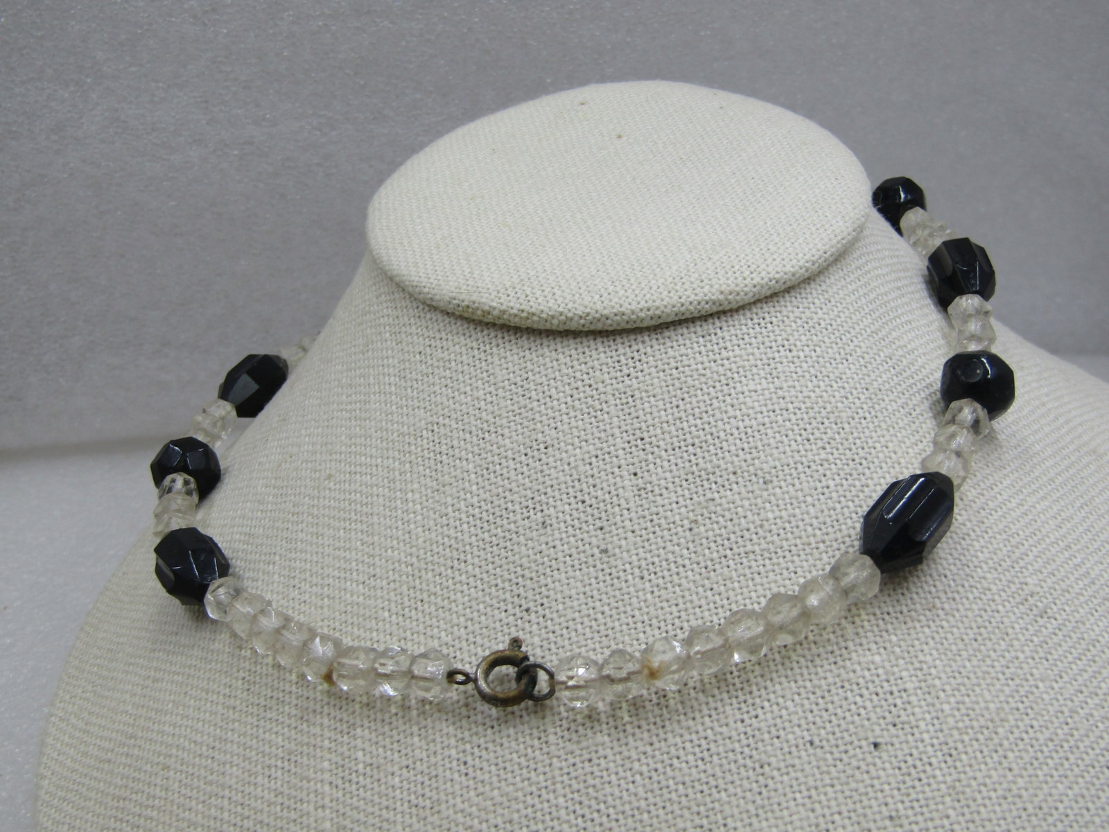 Vintage Clear & Black Glass Beaded Necklace, 15.5", 1940's - 4