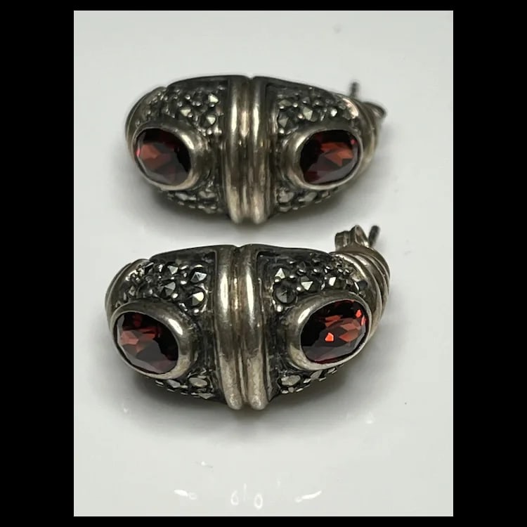Estate Sterling Silver Marcasite and Garnet EarringsSterling Silver, Marcasite, GarnetWeighs 9.4 - 2