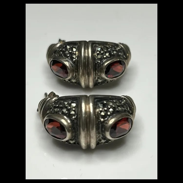 Estate Sterling Silver Marcasite and Garnet EarringsSterling Silver, Marcasite, GarnetWeighs 9.4 - 3