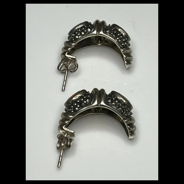 Estate Sterling Silver Marcasite and Garnet EarringsSterling Silver, Marcasite, GarnetWeighs 9.4 - 4