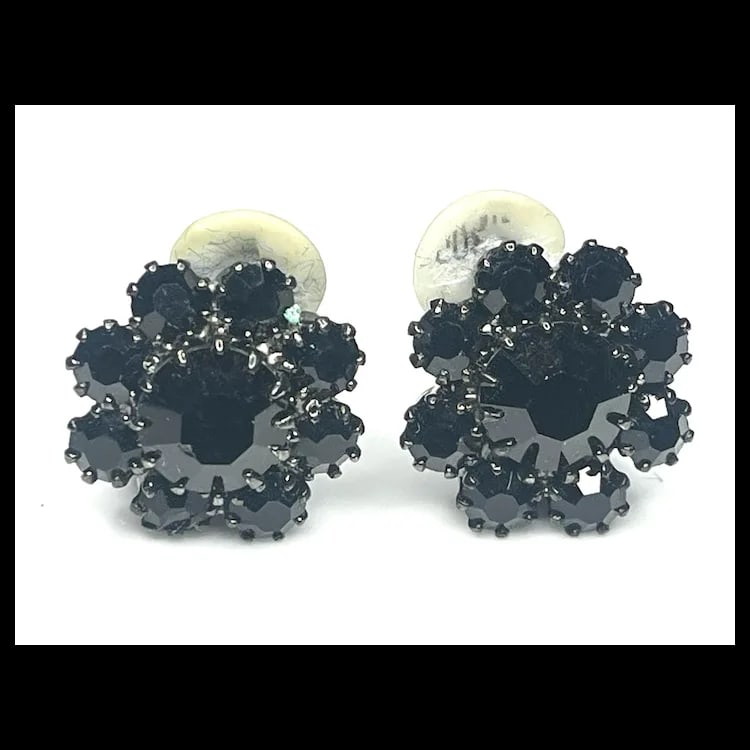 Vintage Rhinestone Flower Clip Earrings - 2
