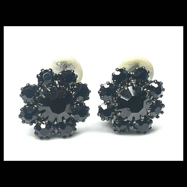 Vintage Rhinestone Flower Clip Earrings - 3