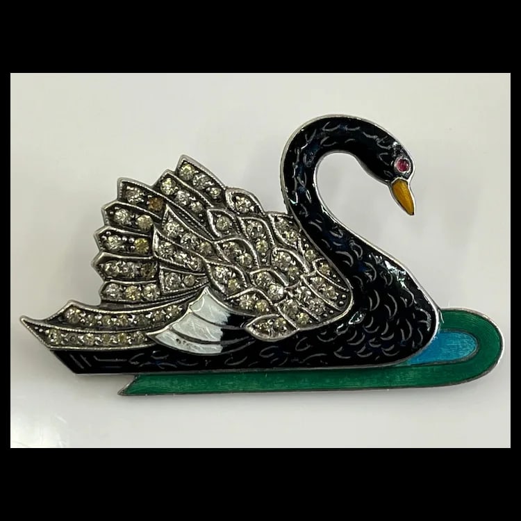 Vintage Sterling and Enamel Daisy and Swan Brooches - 4