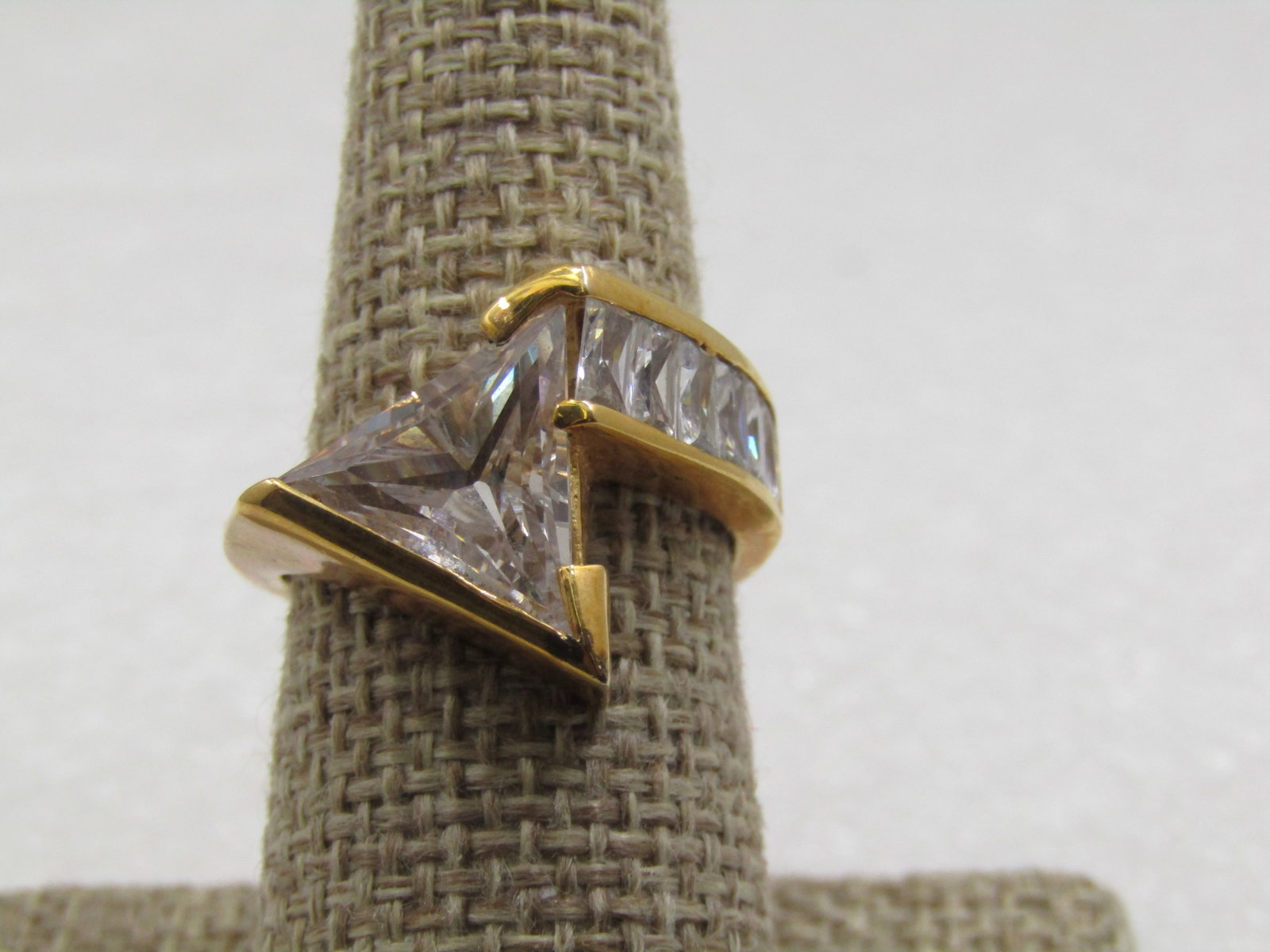 Sterling Vermeil CZ Mod Ring, Sz. 8, Triangular CZ: Sterling Vermeil CZ Mod Ring, Sz. 8, Triangular CZ with channel set baguettes down the band. Bezel-set large triangular CZ that is appx. 12mm down each side offset over the top of the finger with 6