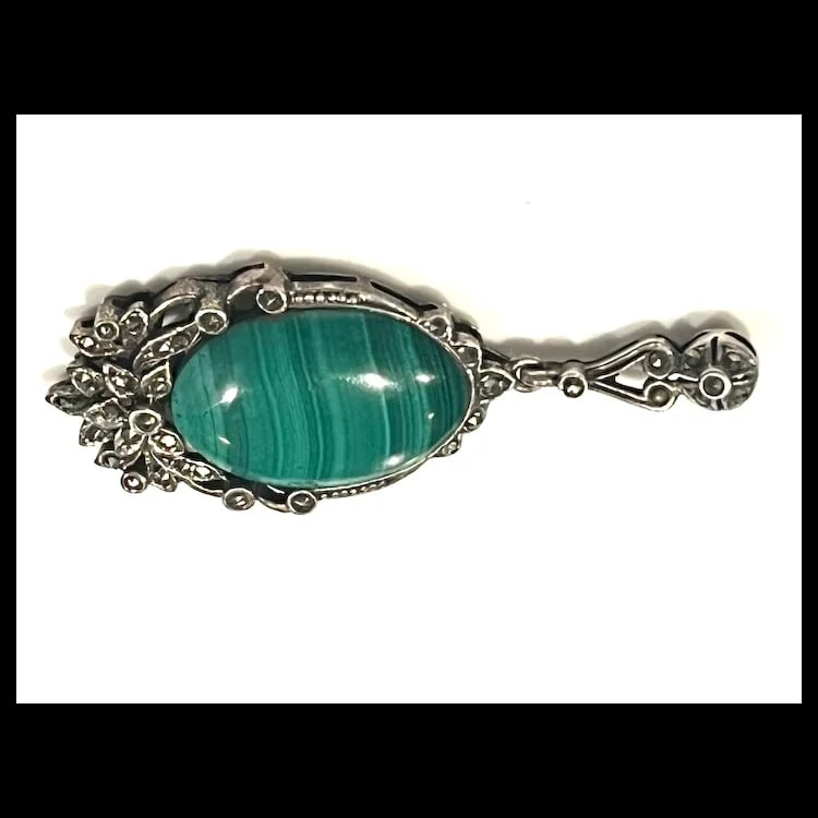Vintage Malachite and Marcasite Pendant - 3