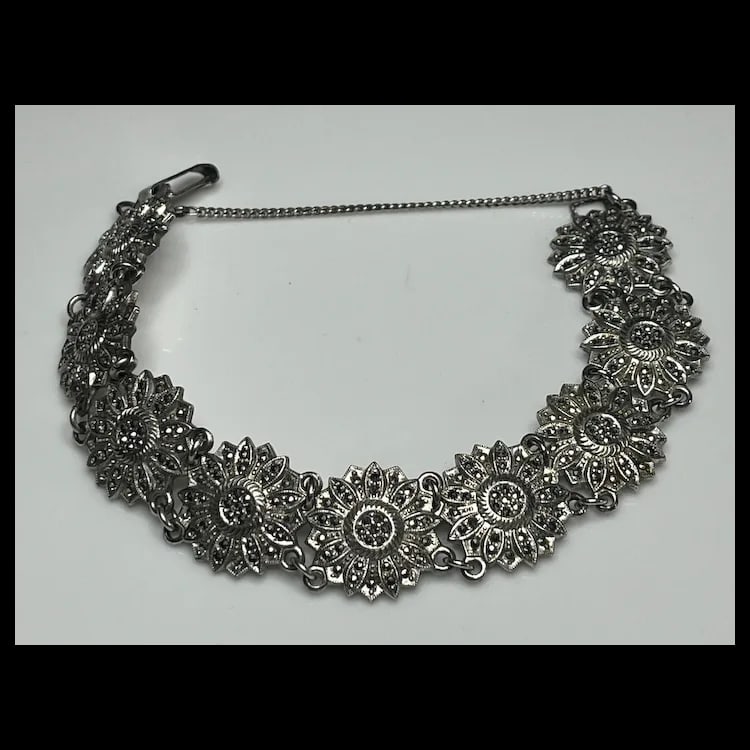 Vintage Marcasite Floral Link Sterling Silver BraceletSterling Silver, MarcasiteWeighs 30.8 - 2