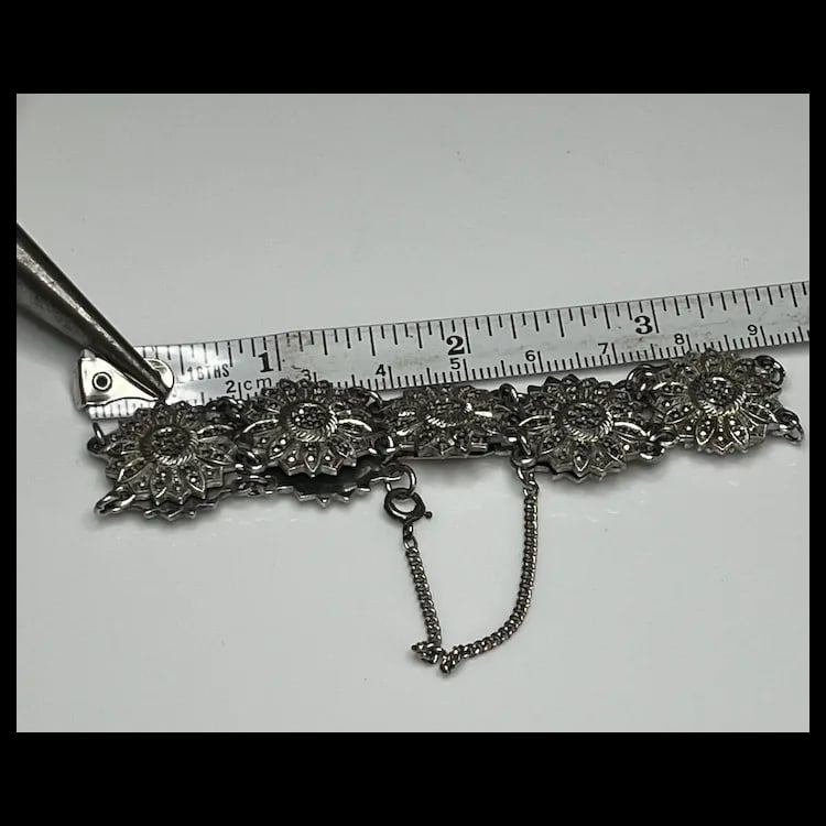 Vintage Marcasite Floral Link Sterling Silver BraceletSterling Silver, MarcasiteWeighs 30.8 - 8