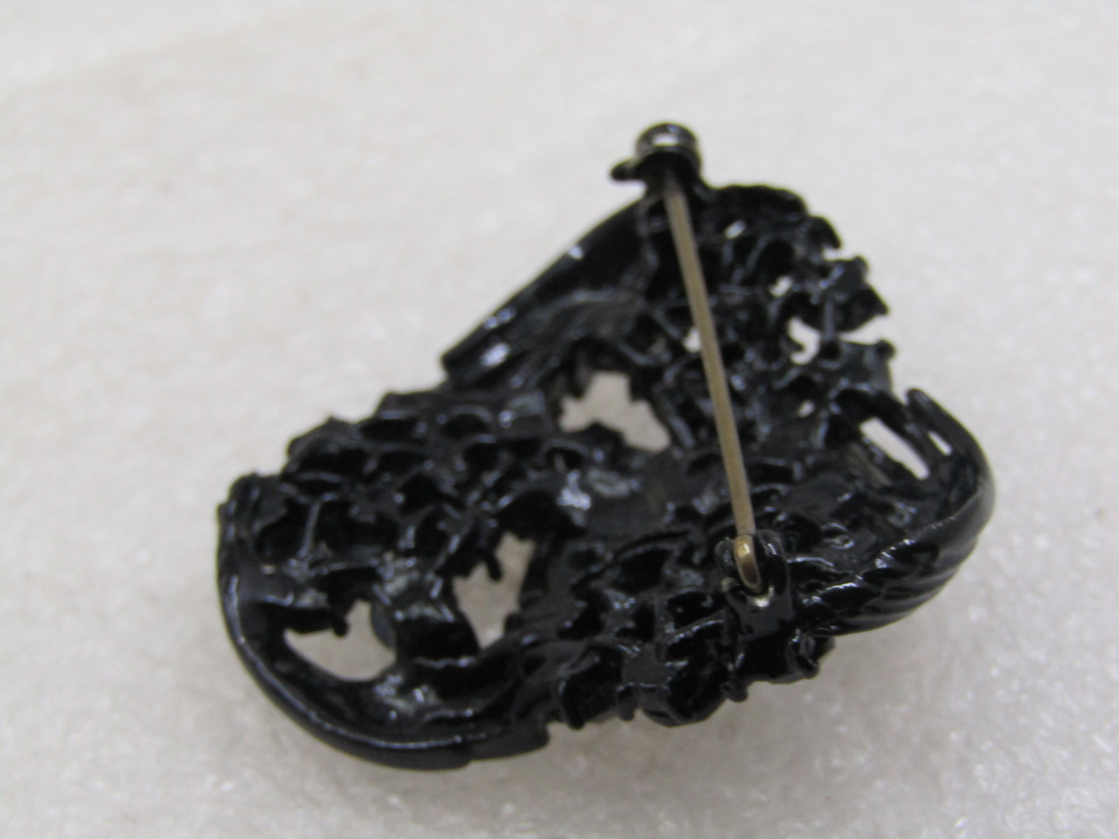 Vintage Black Rhinestone & Metal Brooch, 1.5", 1960's - 5