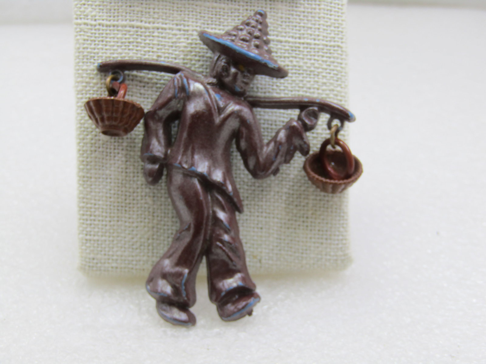 Vintage Chinese Basket Carrier Brooch, 2.75" Tall, by 2.25, Mid-Century - 2