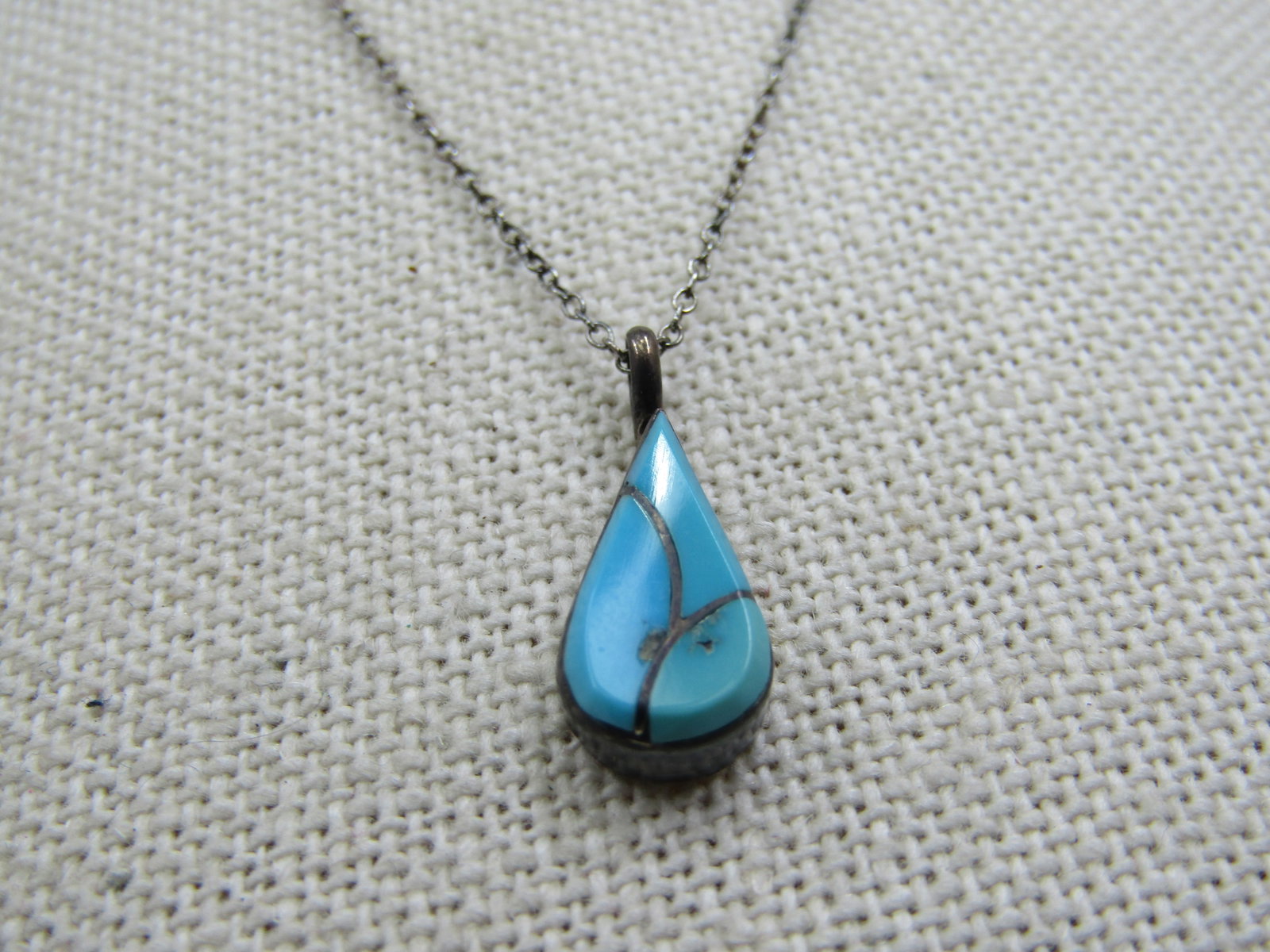 Vintage Sterilng Southwestern Inlaid Turquoise Necklace, 16" - 2