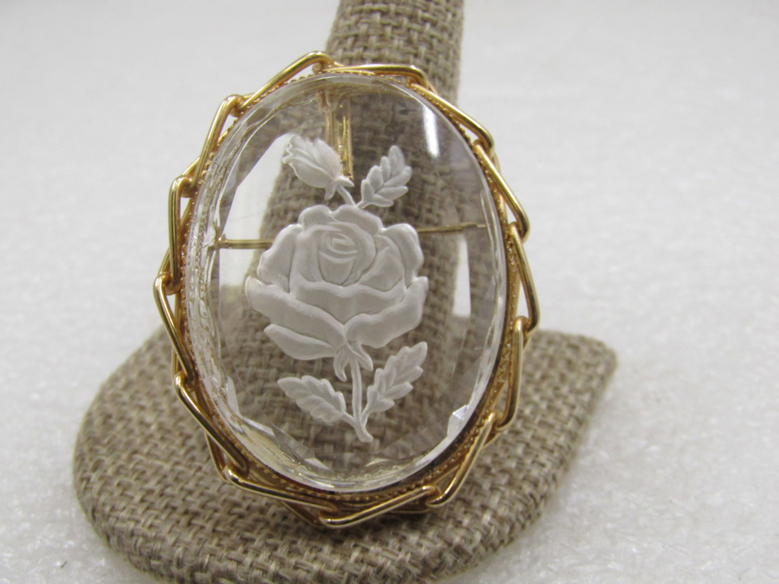 Vintage Clear Reverse Pressed Frosted Rose Brooch Pendant, 1-7/8, 1960's-1970's - 2