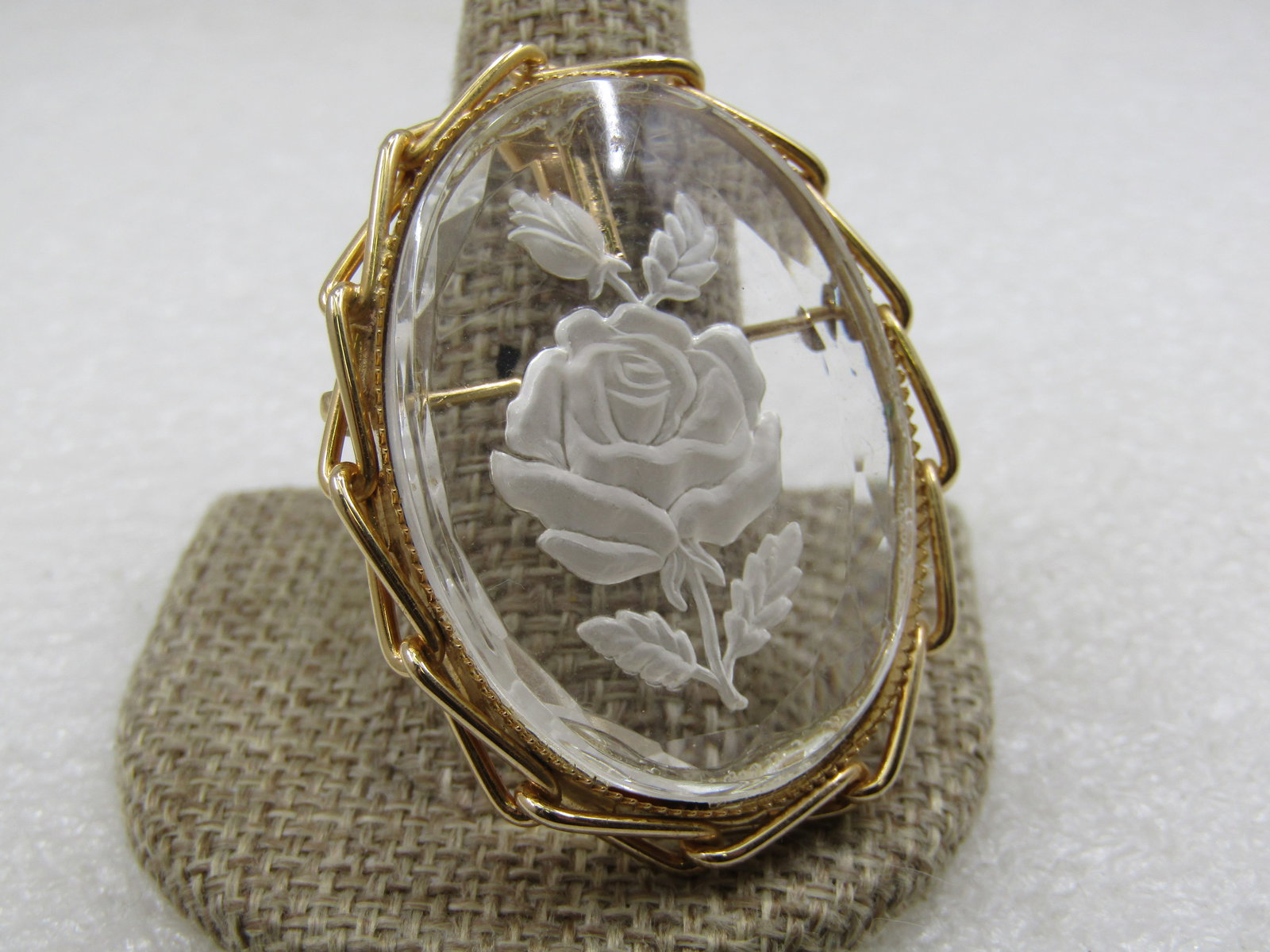 Vintage Clear Reverse Pressed Frosted Rose Brooch Pendant, 1-7/8, 1960's-1970's - 3