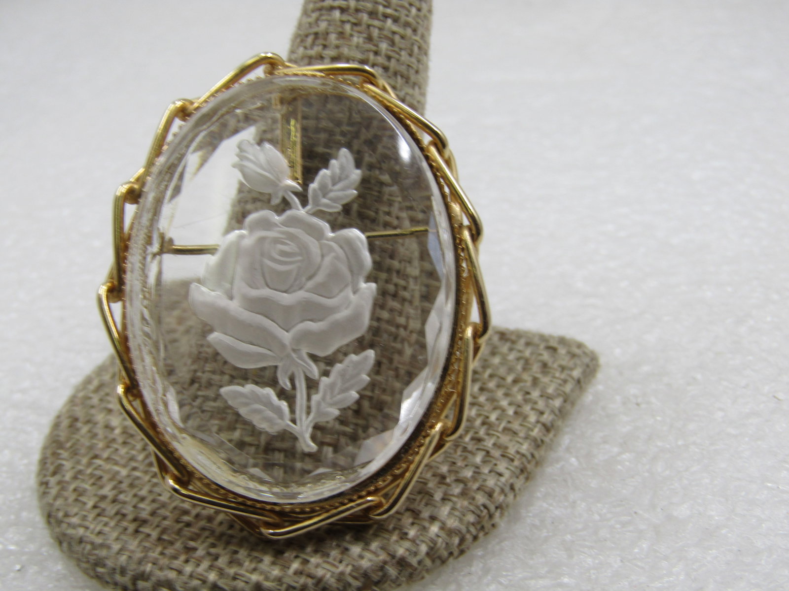 Vintage Clear Reverse Pressed Frosted Rose Brooch Pendant, 1-7/8, 1960's-1970's - 4