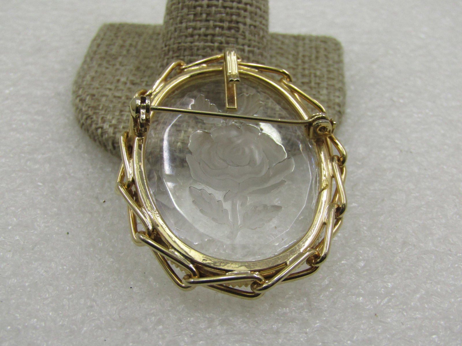 Vintage Clear Reverse Pressed Frosted Rose Brooch Pendant, 1-7/8, 1960's-1970's - 5