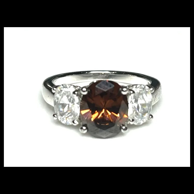 Estate Brown & White Cubic Zirconia Platinum Clad Sterling Silver Ring - 2