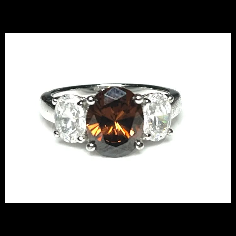 Estate Brown & White Cubic Zirconia Platinum Clad Sterling Silver Ring - 3