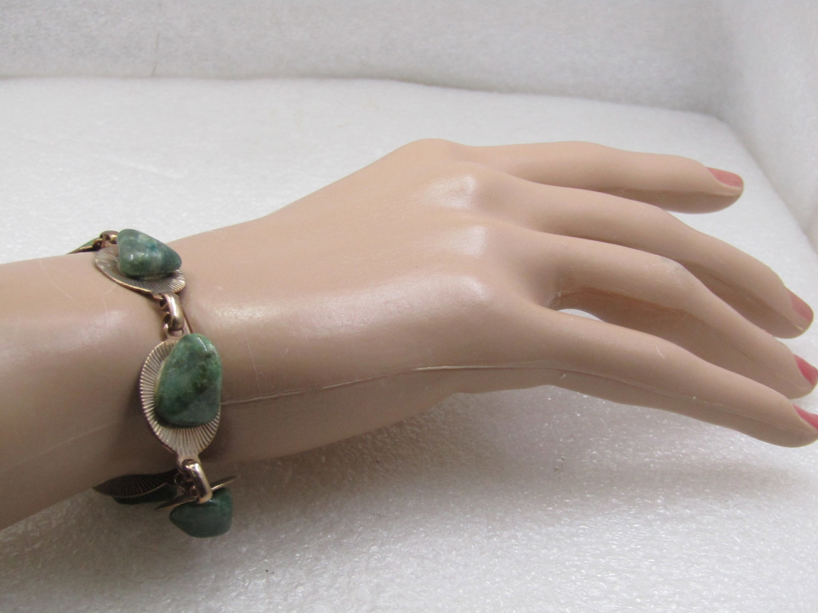Vintage Green Agate Link Bracelet, 7.75.", 1960's. - 6